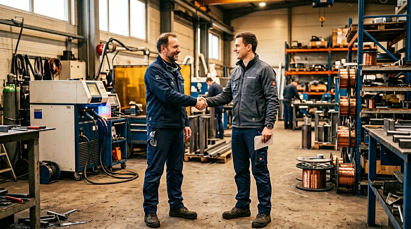 Handschlag zweier Techniker in industriellem Umfeld – Partnerschaft auf Augenhöhe